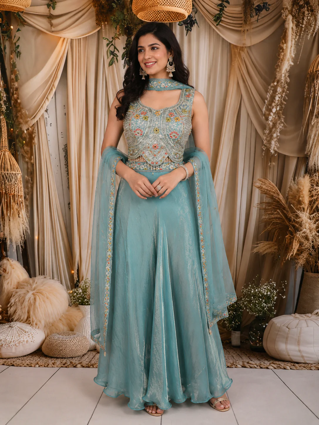 Dusty Aqua Blue Floral Zari Embroidered Design Organza Lehenga with Choker Dupatta